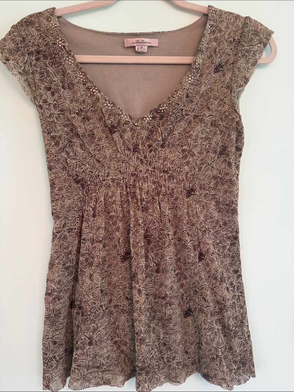 Intuitions V-Neck Beaded Top — Taupe